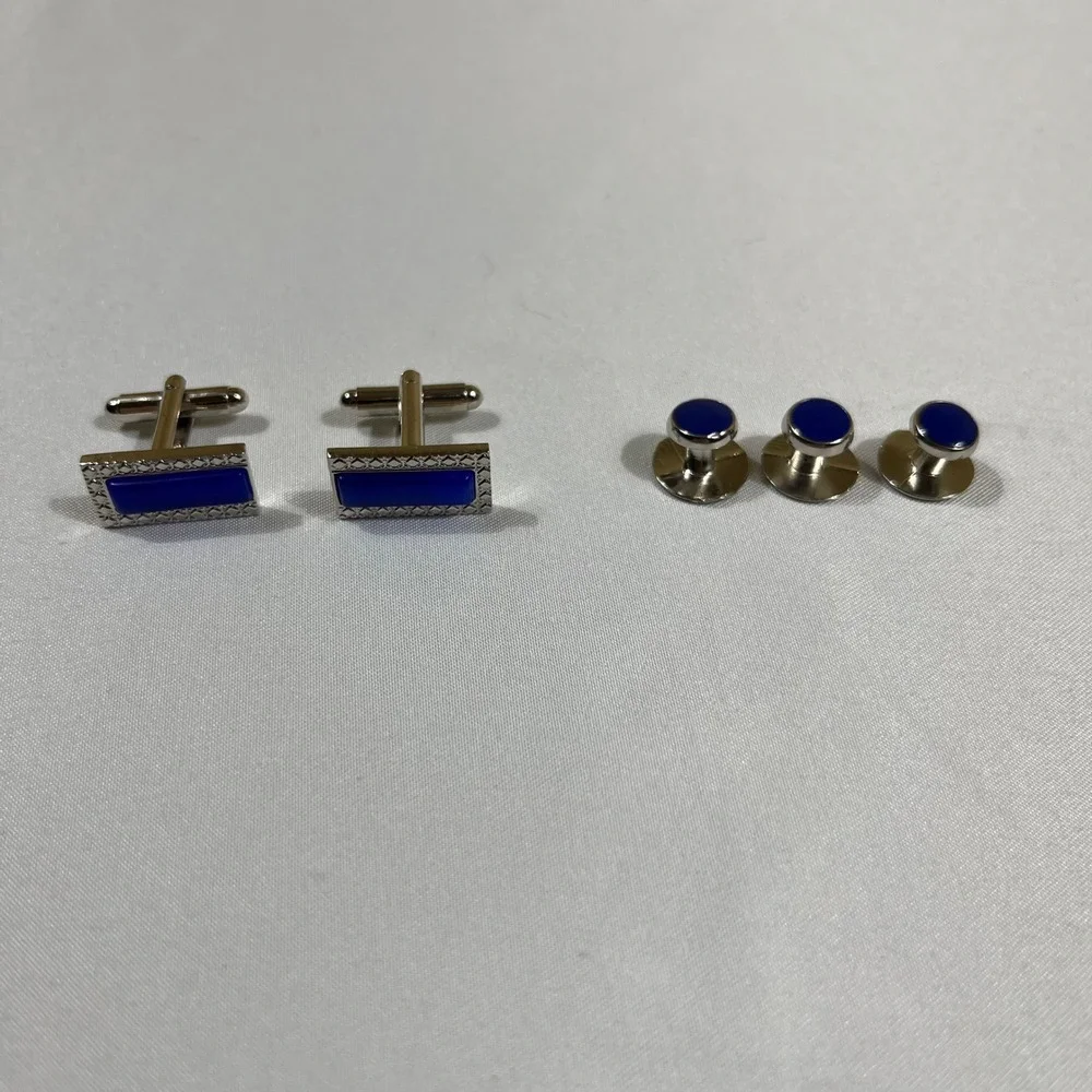 Cufflinks and Studs Set Blue Silver Tone Formal Textured